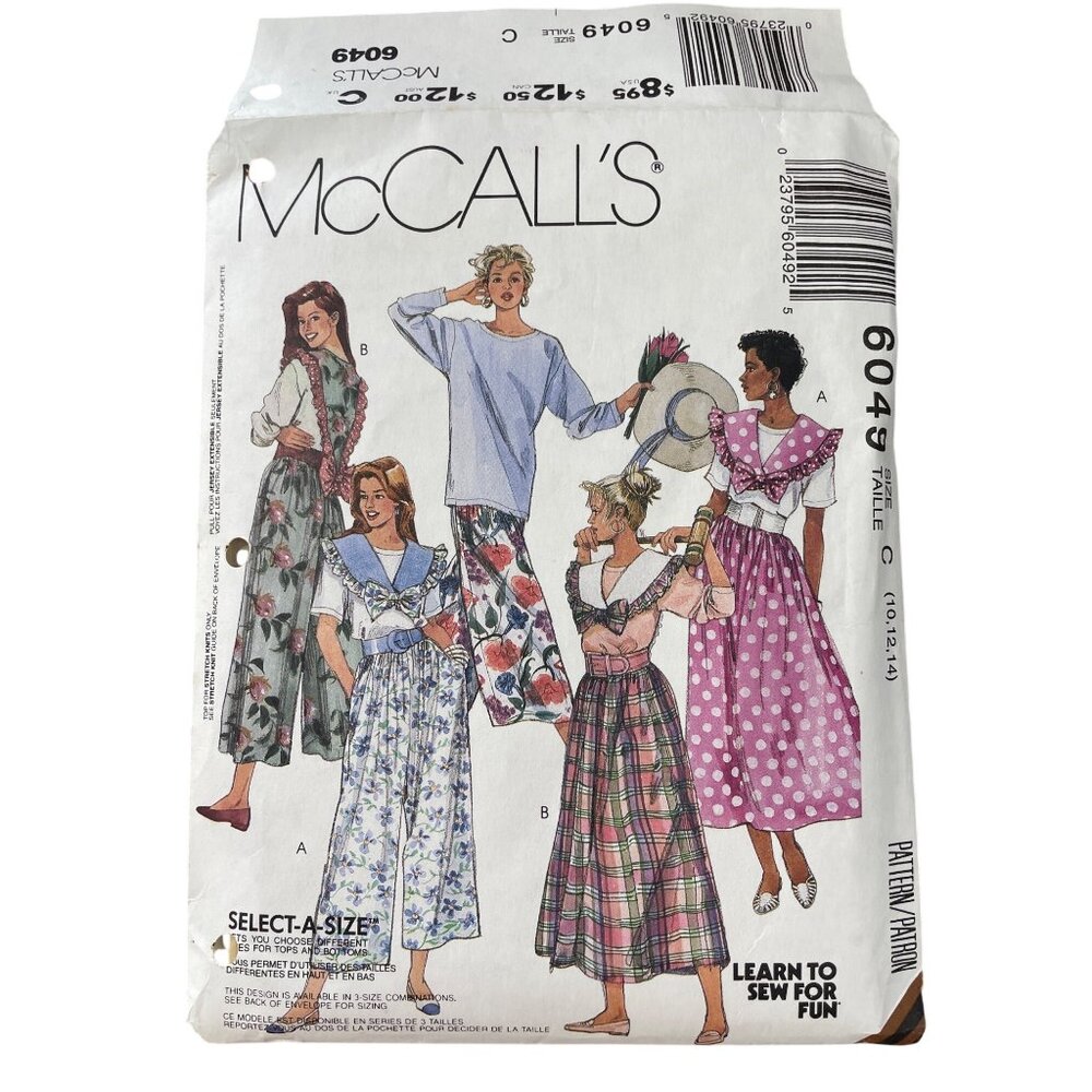 90s McCalls 6049 Misses Sewing Pattern Size C 10-12-14 Top Collar Skirt UNCUT